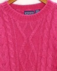 80s Vintage Fuzzy Mohair Blend Long Pullover Sweater Cable Knit Magenta Pink S/M