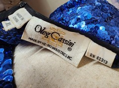 Vintage Oleg Cassini Black Tie Blue Sequin Flame Top XL Silk Beaded Trophy…