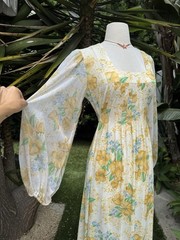 vintage 1970s dress Boho Long Wide Puff Sleeve Maxi Dress M