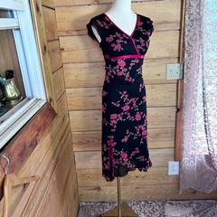 Vintage Asian Dress Women Small Black Pink Floral Y2K Goth Glam Party Ruby Rox