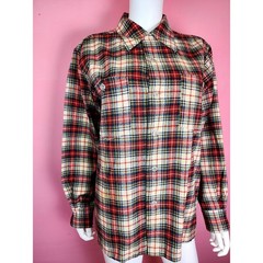 Vintage 1970’s Pendleton Wool Womens Flannel Shirt Cream Red Plaid Dagger Collar