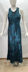 Vtg DBY Ltd. Teal Floral Embossed Asian Dress Sz 7 Bias Long Maxi