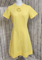 Vintage 1960s Glenbrooke Yellow Dress Daisy Applique Textured Knit A-Line Petite