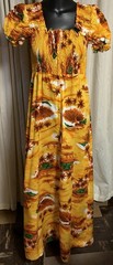 Women’s 1960’s Orange & Yellow Hawaiian Maxi Dress Smocked Top Sz Large Vintage