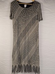 Vintage Helen Blake Flapper Dress Size 18 Black Gold Crocheted Lace Fringe