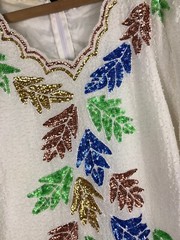 Beaded Top Size Medium Vintage White Blue Green Leaf Print Copper Evening Wear