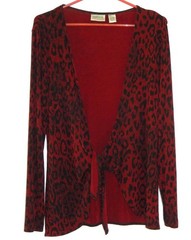 VINTAGE CHICO’S TRAVELERS RED & BLACK LEOPARD PRINT TIE FRONT JACKET – SIZE 0