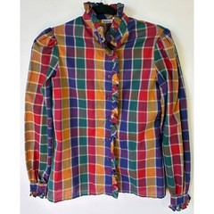 Present Co Plaid Ruffle Blouse Vintage Womens 5/6 Multi Color Excellent
