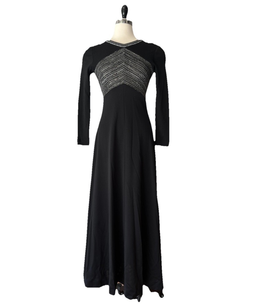 Vintage 70’s Flomar Knits Metallic Lurex Black Maxi Dress Disco Chevron Stretch