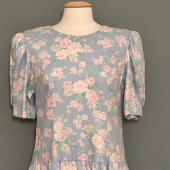 VTG Lanz Women Dress M Pastel Blue Floral Prairie Cottagecore Feminine Victorian