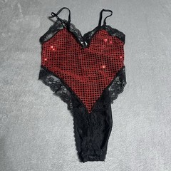 Vintage 90s Intimate Moods Bodysuit Womens Small Red Sequin Lace Pin Up Sexy