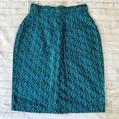 80s vtg ESPRIT SPORT All Over Print AUDIENCE Graphic Jean Skirt DENIM Pencil Blu