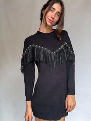 Western black mini dress, Embellished fringe short spring dress, Retro 90s vinta
