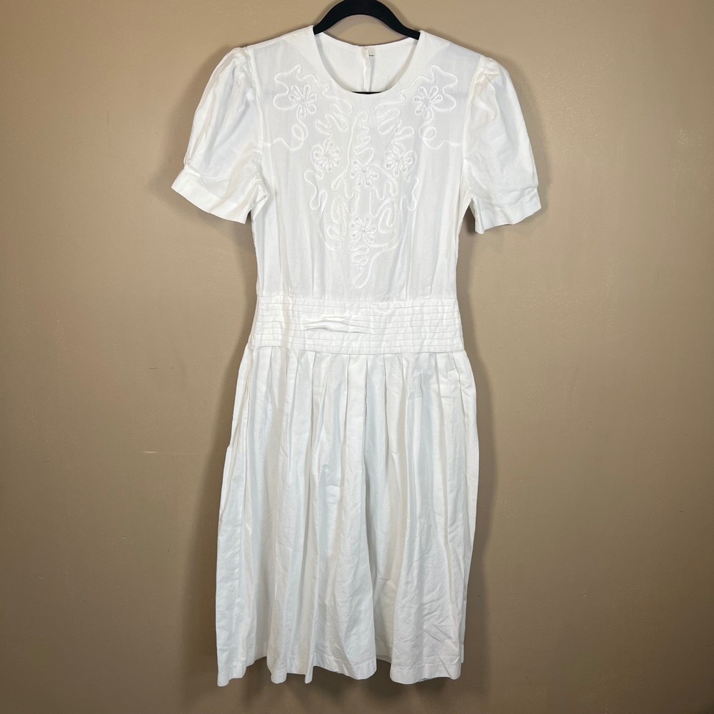 Vintage White Cotton Embroidered Midi Dress Puffed Sleeve Beaded Drop Waist