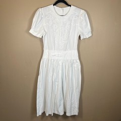 Vintage White Cotton Embroidered Midi Dress Puffed Sleeve Beaded Drop Waist