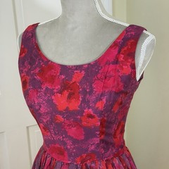 Vintage 1950s Red Pink Floral Fit & Flare Cocktail Dress S Retro Pinup Romanric