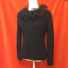 Bill Blass Vintage 70s ruffle neck cashmere sweater black s/m party evening
