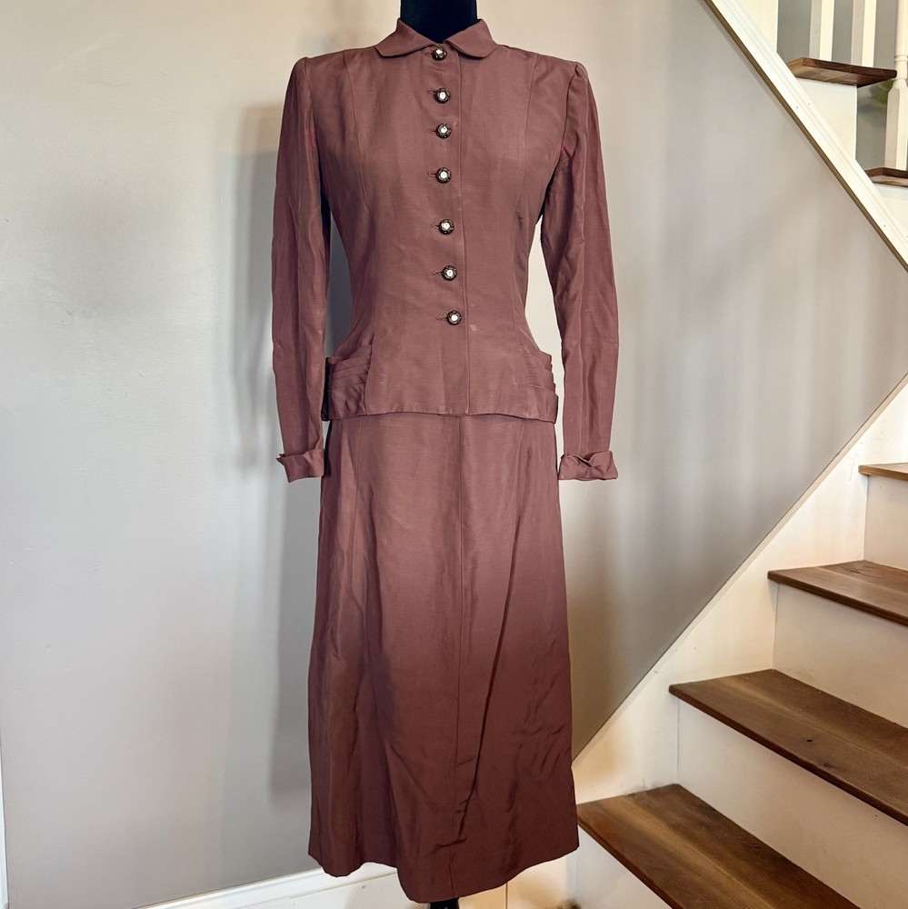 2pc VTG 40s MCM Brown Crepe Suit Rhinestone Button Jacket A-Line Skirt Women S