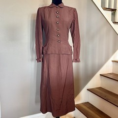 2pc VTG 40s MCM Brown Crepe Suit Rhinestone Button Jacket A-Line Skirt Women S