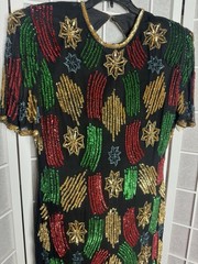 Multi Color Vintage 80s Stars Sequin Beaded Silk Formal Party Dress Medium