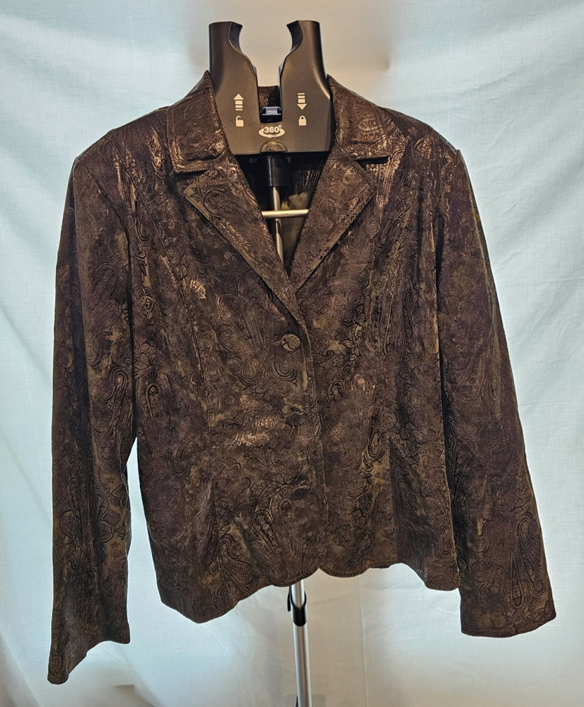 Vintage Erin London Floral Damask Metallic Black Olive Green Blazer