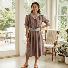 Vintage Avon Fashions Striped Midi Dress w Belt Made in USA Grey Multi 80s