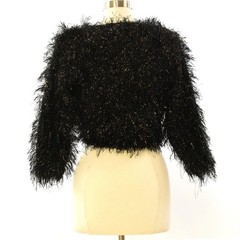 80s Vintage Black Gold Eyelash Knit Cropped Sweater Womens S Shag Metallic Top