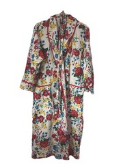VTG Cotton Bathrobe~Floral~Red Rose Garden~Maxi-Length~Satin Trim Loungewear EUC
