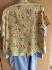 Vtg 1940s-50s High Waist Wide Leg Cotton PJ Set Side Buttons + Rayon Floral Top