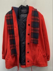 Vintage 80s Lady Penguin Women’s Red Wool Hooded Coat Plaid Scarf USA Sz 20.5