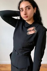 Vintage 1940s Dress Black Crepe Pink Satin Rhinestone Pinup Rockabilly VLV S/M