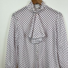 VTG Women’s Sz. 12 Purple Polka Dot Blouse Ruffle Neck Tie Bow Preppy Office