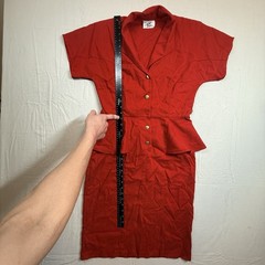 Vintage Wild Party Red Peplum Dress Gold Buttons Cocktail Officewear Sz 11/12