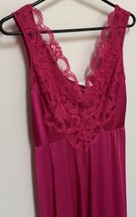 Vintage Adonna Nightgown Fuchsia Pink Silky Nylon & Lace Midi Gown Medium