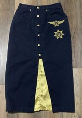 VTG Get Used by Elie Denim Pencil Skirt Size 31 Navy Blue Gold Satin Wings Star