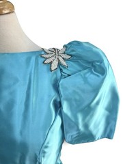 VNTG 80s Alfred Angelo Blue Satin Gown Dress Puff Sleeves Appliqués Faux Pearl