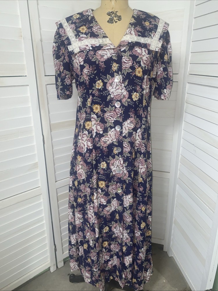 Vtg 80s Betsys Things Modest Cottagecore Navy Floral Rayon & Lace Midi Dress LRG