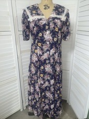 Vtg 80s Betsys Things Modest Cottagecore Navy Floral Rayon & Lace Midi Dress LRG
