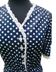 Vintage MW 60s Women’s Sz16 Navy Blue Polkadot Midi Dress PinUp/Rockabilly Retro