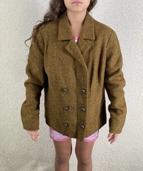 Vtg 50s Peacoat Blazer Crop Wool Tweed 42 EU Brown Austria Handmade Preppy READ