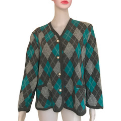 Vintage 1960s Gray Argyle Sweater With Antique Buttons Front Pockets Sz L