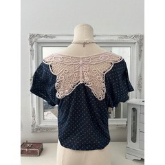 vintage papaya polka dot short sleeve top with butterfly crochet back