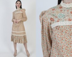 Vtg Autumnal Calico Prairie Dress Crochet Lace Cottage Peasant Country Midi