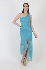 Cache One Shoulder Beaded Dress Vtg Y2K Asymmetrical Hi Low Cocktail Prom Gown S