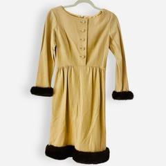 Vintage Junior Accent Jack Adams Tan Babydoll Dress Women’s Sz 10 Black Fur READ
