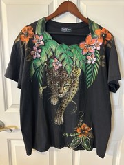 Vintage Wearable Art Leopard Jungle Tropical Floral Animal Print Graphic Tee XL