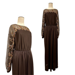 Vintage 1970s Jack Bryan Brown Floral Sequin Sheer Sleeve Gown