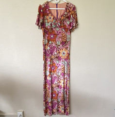 Vtg 70s MCM Boho Goddess Floral Stretch Velvet Pink Purple Maxi Dress Medium