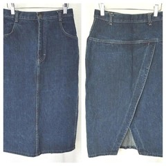 Vintage Weathered Blues Fitted Pencil Jean Skirt with Unique Back Wrap Size 5/6