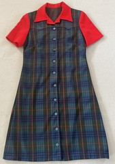 Vintage 60s 70s Plaid Mod Shift Dress Red Blue Tartan Short Sleeve S 34″ Bust